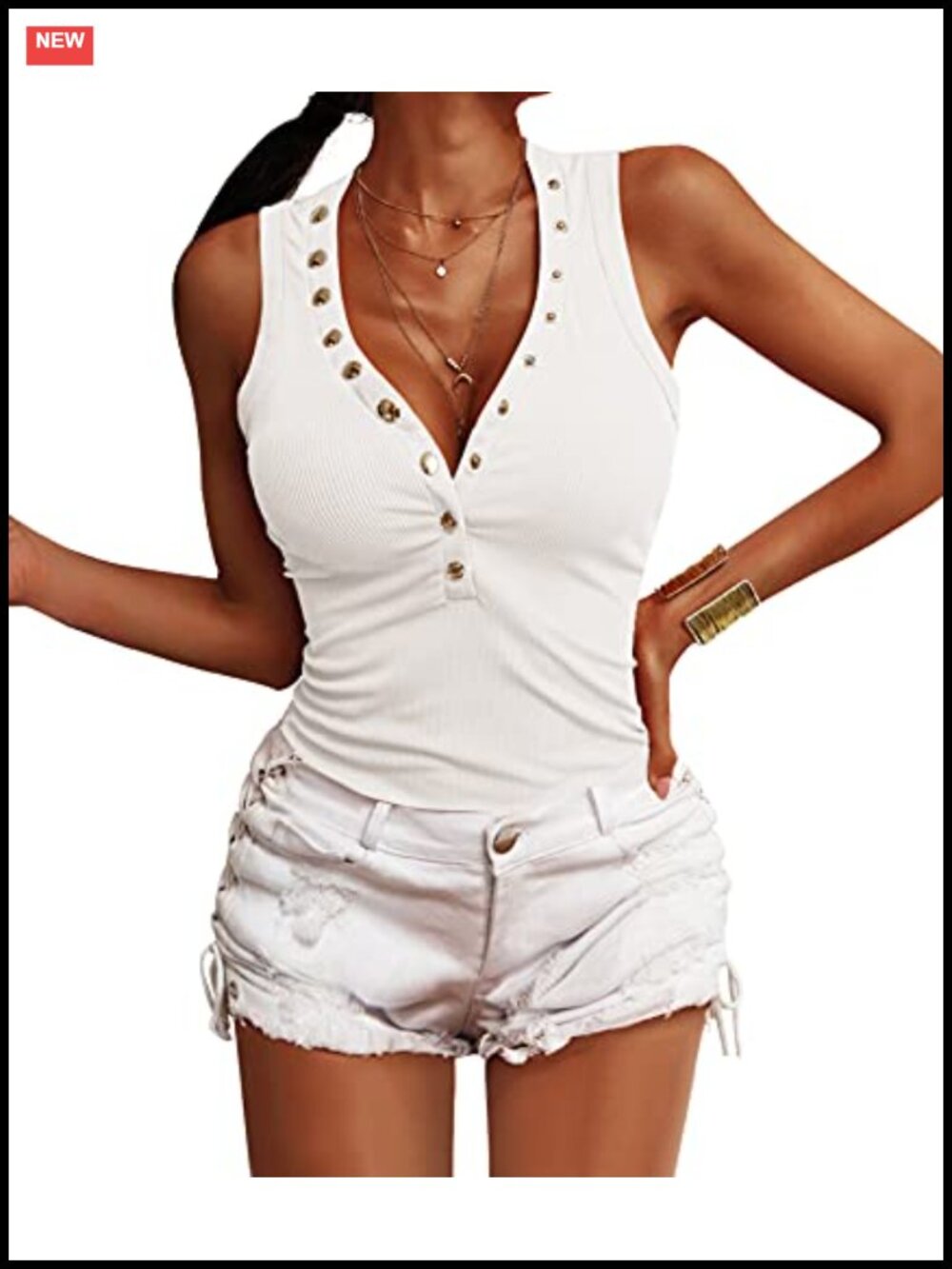 Ribbed V Neck Button Down Tank Top Sleeveless Summer Knit Cami